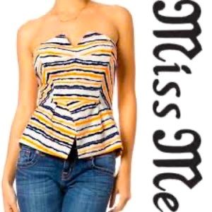 Miss Me Yellow Navy White Striped Strapless Peplum Top